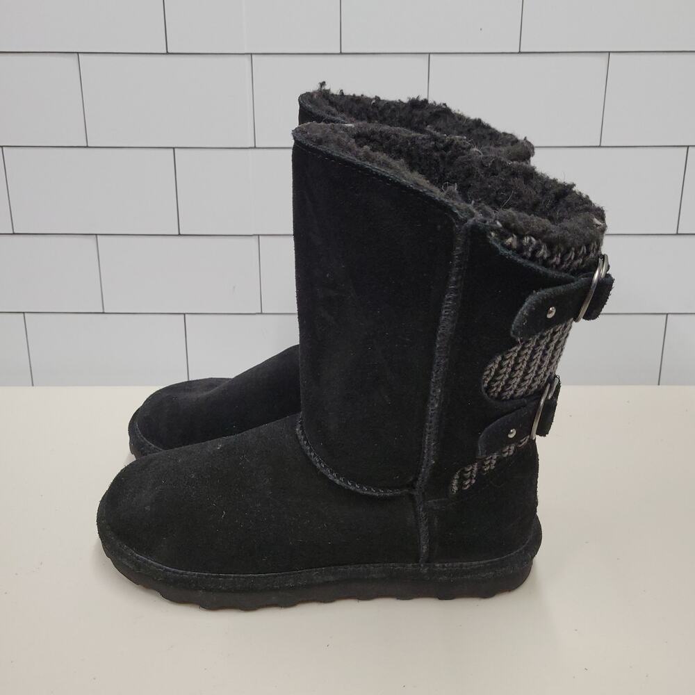 Bearpaw Womens Size 9 Black Suede Knit Buckle Faux Fur Lined Winter Boots